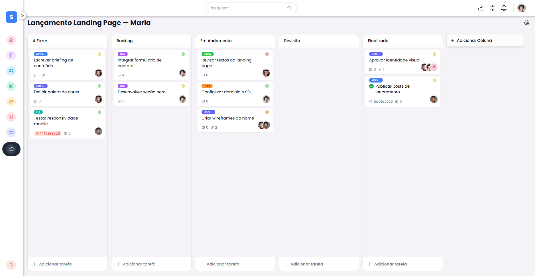 Quadro kanban do Vaulth com colunas e tarefas